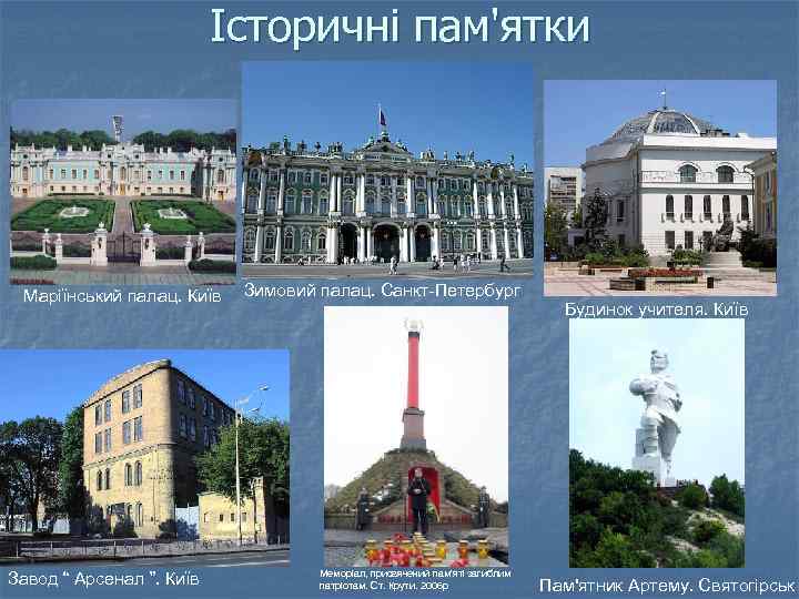 Історичні пам'ятки Маріїнський палац. Київ Завод “ Арсенал ”. Київ Зимовий палац. Санкт-Петербург Меморіал,
