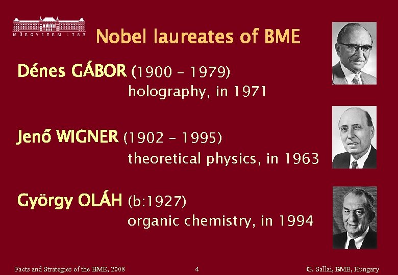 Nobel laureates of BME Dénes GÁBOR (1900 - 1979) holography, in 1971 Jenő WIGNER