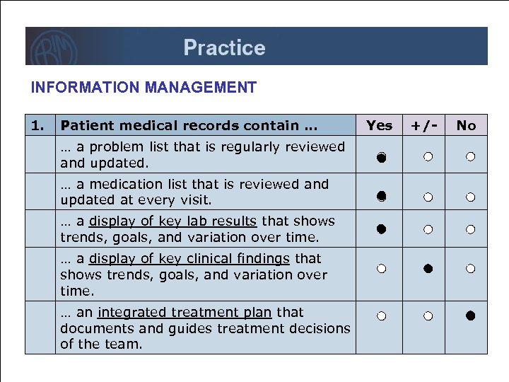 INFORMATION MANAGEMENT 1. Patient medical records contain … … a problem list that is