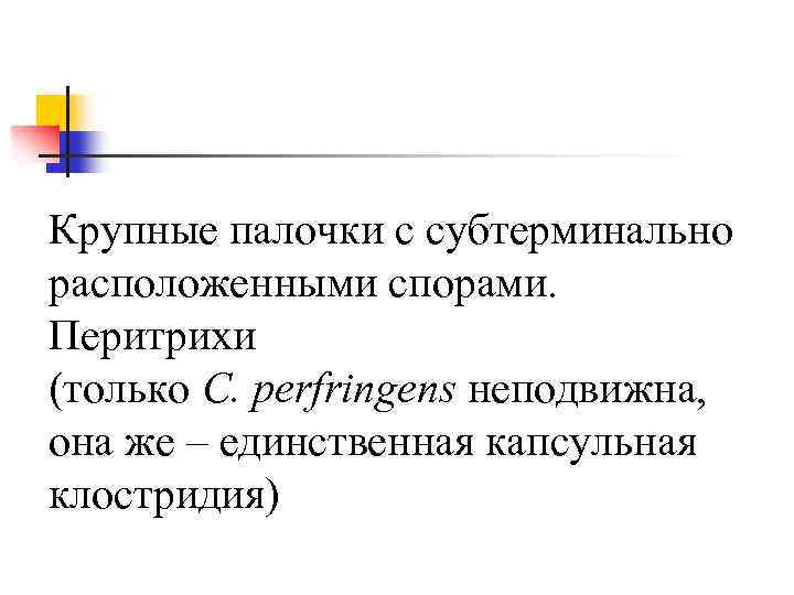 Крупные палочки с субтерминально расположенными спорами. Перитрихи (только C. perfringens неподвижна, она же –