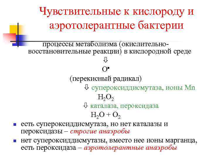 Чувствительные к кислороду и аэротолерантные бактерии n n процессы метаболизма (окислительновосстановительные реакции) в кислородной