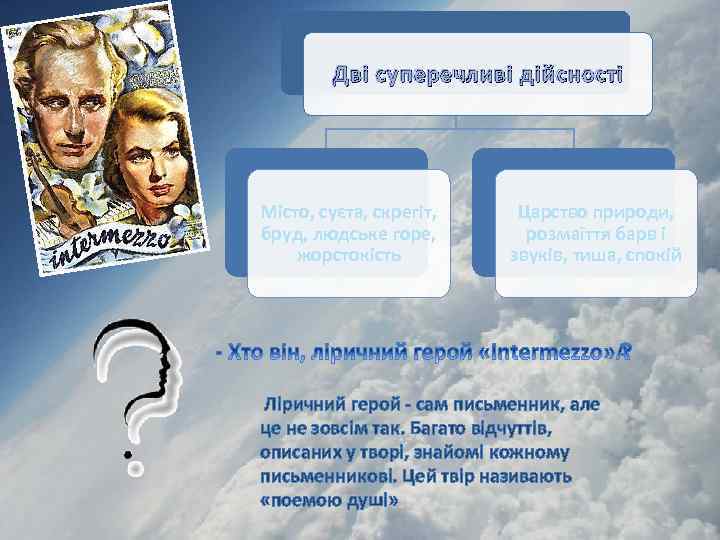Двi суперечливi дiйсностi Місто, суєта, скрегіт, бруд, людське горе, жорстокість Царство природи, розмаїття барв