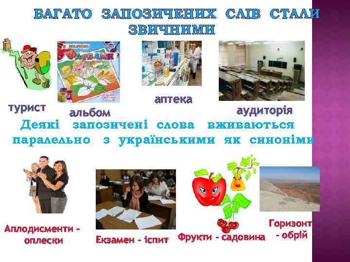 БАГАТО ЗАПОЗИЧЕНИХ СЛІВ СТАЛИ ЗВИЧНИМИ турист аптека альбом аудиторія Деякі запозичені слова вживаються паралельно