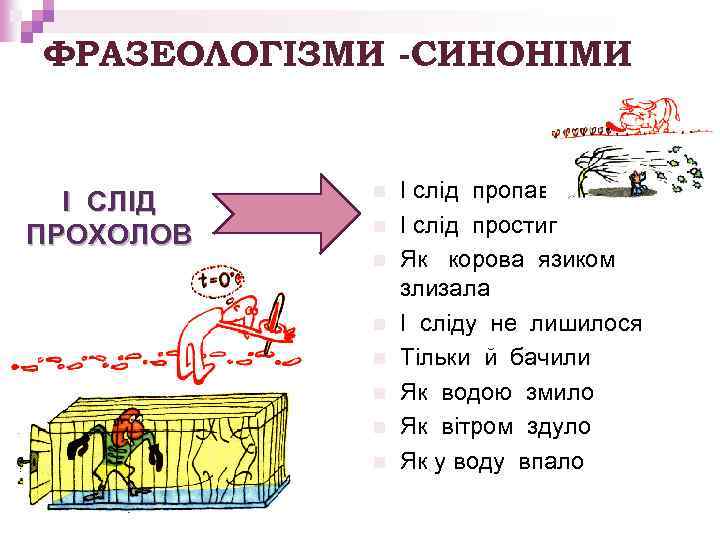ФРАЗЕОЛОГІЗМИ -СИНОНІМИ І СЛІД ПРОХОЛОВ n n n n І слід пропав І слід
