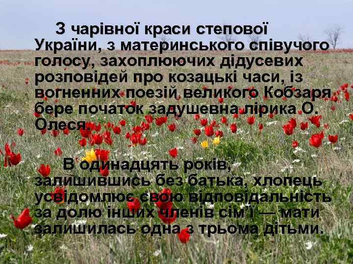 З чарівної краси степової України, з материнського співучого голосу, захоплюючих дідусевих розповідей про козацькі