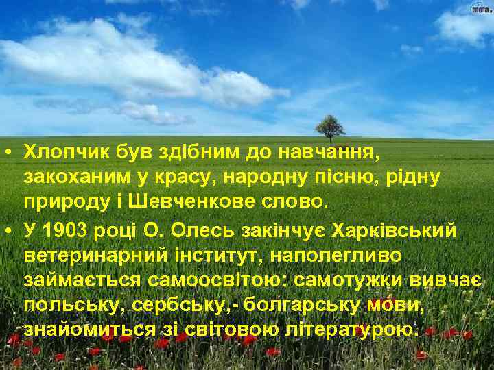  • Хлопчик був здібним до навчання, закоханим у красу, народну пісню, рідну природу