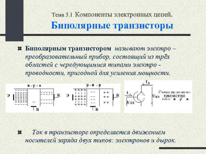 Тема 3. 1 Компоненты электронных цепей. Биполярные транзисторы Биполярным транзистором называют электро – преобразовательный