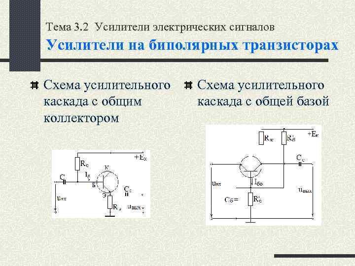 Тема 3. 2 Усилители электрических сигналов Усилители на биполярных транзисторах Схема усилительного каскада с