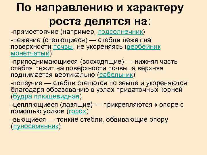 По направлению и характеру роста делятся на: -прямостоячие (например, подсолнечник) -лежачие (стелющиеся) — стебли