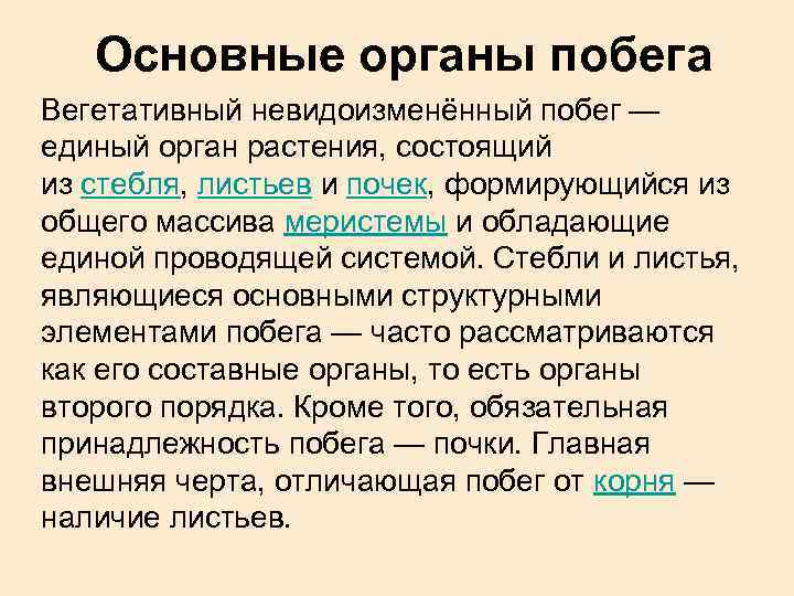 Основные органы побега Вегетативный невидоизменённый побег — единый орган растения, состоящий из стебля, листьев