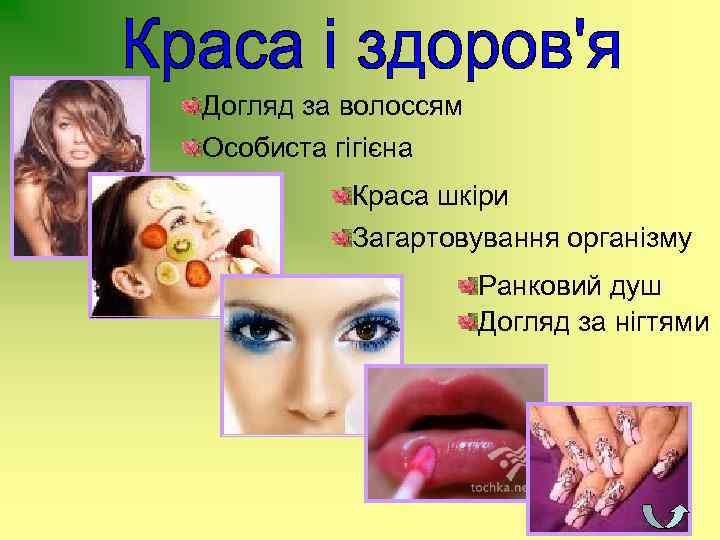 Догляд за волоссям Особиста гігієна Краса шкіри Загартовування організму Ранковий душ Догляд за нігтями