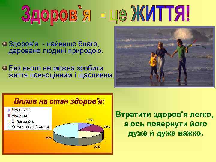 Здоров'я - найвище благо, дароване людині природою. Без нього не можна зробити життя повноцінним