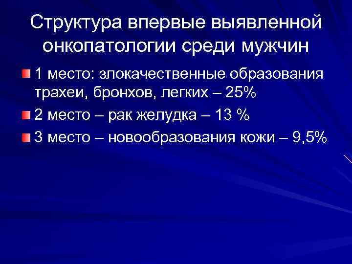 Структура впервые выявленной онкопатологии среди мужчин 1 место: злокачественные образования трахеи, бронхов, легких –