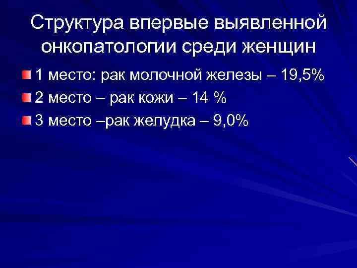 Структура впервые выявленной онкопатологии среди женщин 1 место: рак молочной железы – 19, 5%
