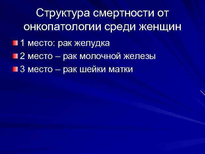 Структура смертности от онкопатологии среди женщин 1 место: рак желудка 2 место – рак