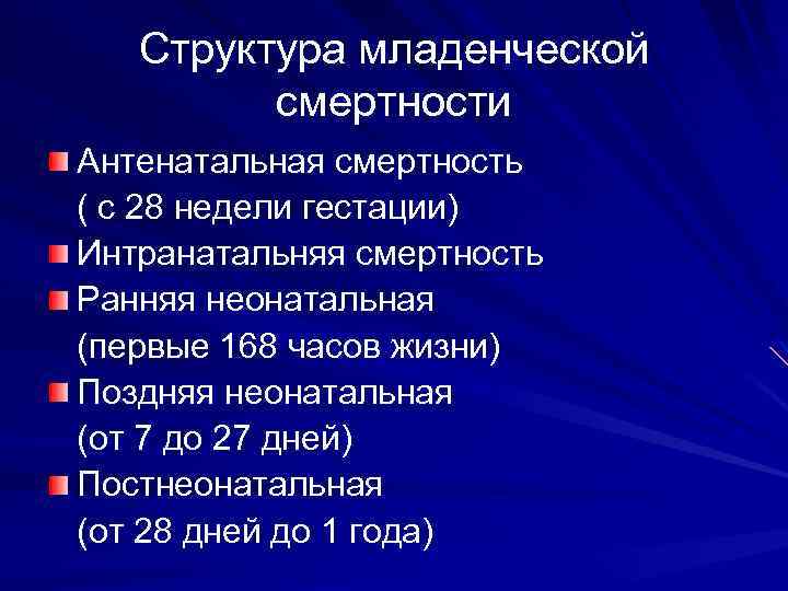 Структура младенческой смертности Антенатальная смертность ( с 28 недели гестации) Интранатальняя смертность Ранняя неонатальная