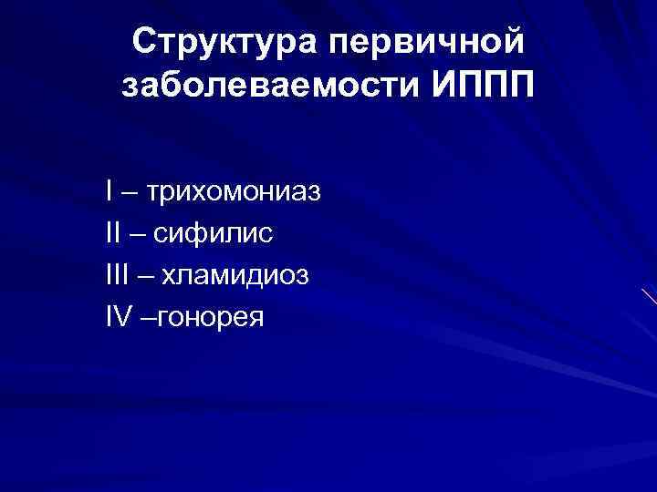 Структура первичной заболеваемости ИППП I – трихомониаз II – сифилис III – хламидиоз IV