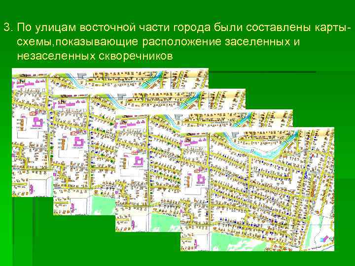 3. По улицам восточной части города были составлены картысхемы, показывающие расположение заселенных и незаселенных