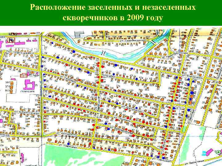 Расположение заселенных и незаселенных скворечников в 2009 году 