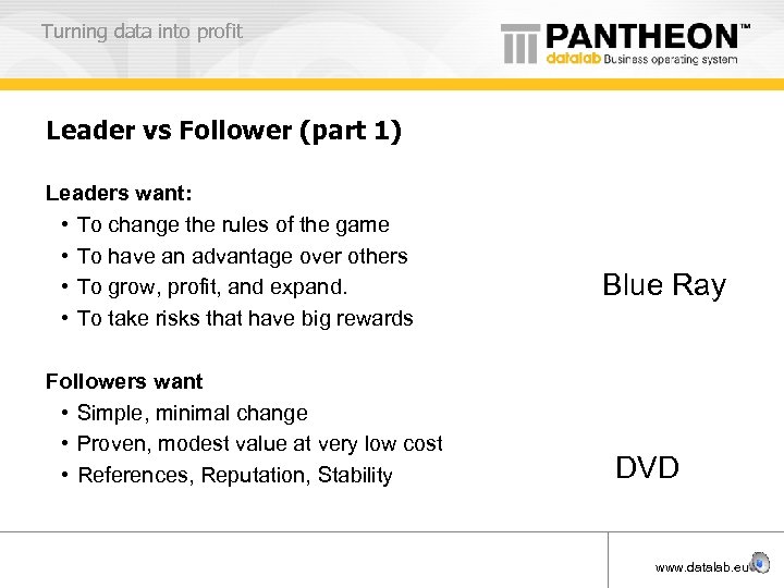 Turning data into profit Leader vs Follower (part 1) Leaders want: • To change