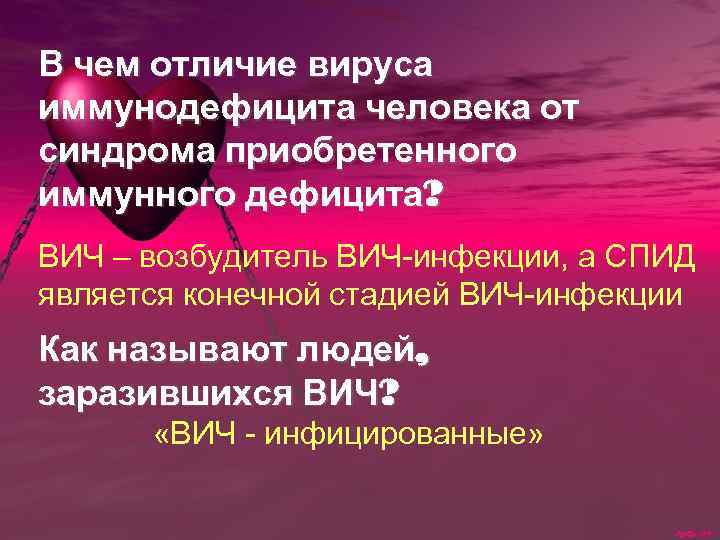 В чем отличие вируса иммунодефицита человека от синдрома приобретенного иммунного дефицита? ВИЧ – возбудитель