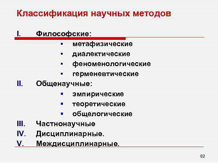 Классификация научных методов I. III. IV. V. Философские: § метафизические § диалектические § феноменологические