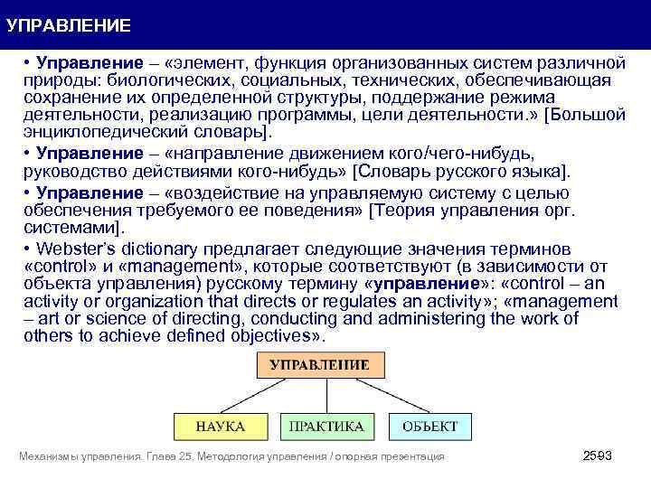 УПРАВЛЕНИЕ • Управление – «элемент, функция организованных систем различной природы: биологических, социальных, технических, обеспечивающая