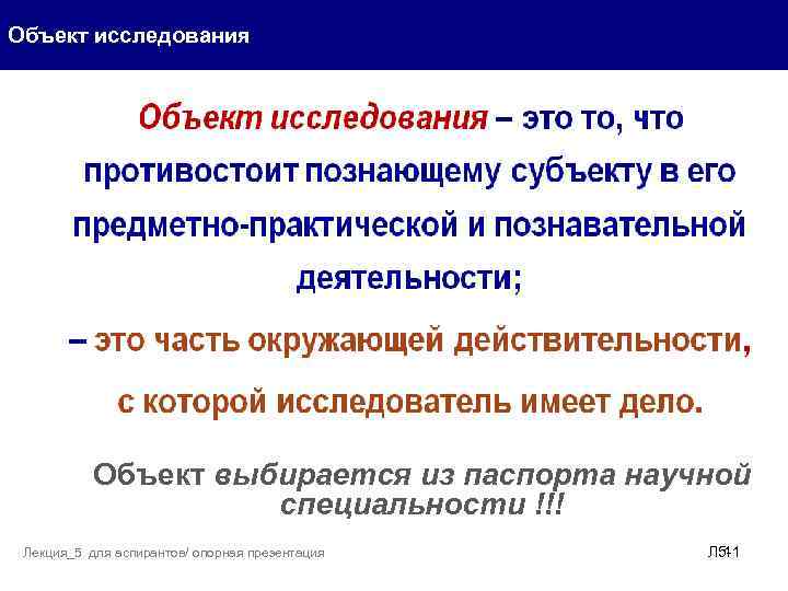 Объект исследования Объект выбирается из паспорта научной специальности !!! Лекция_5 для аспирантов/ опорная презентация