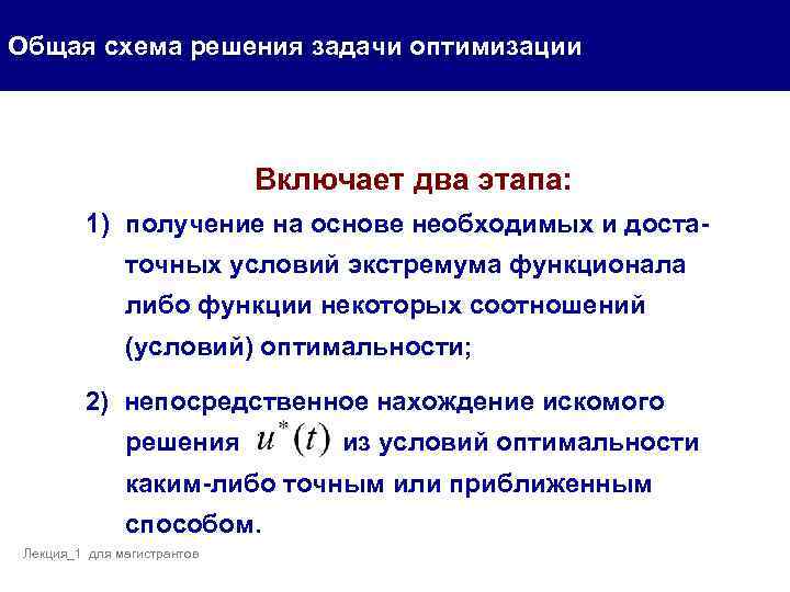 Общая схема решения задачи оптимизации Включает два этапа: 1) получение на основе необходимых и