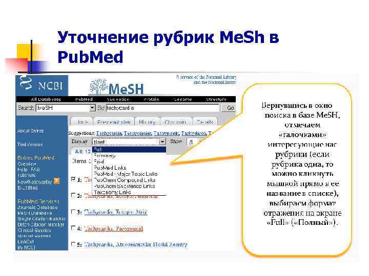Уточнение рубрик Me. Sh в Pub. Med 