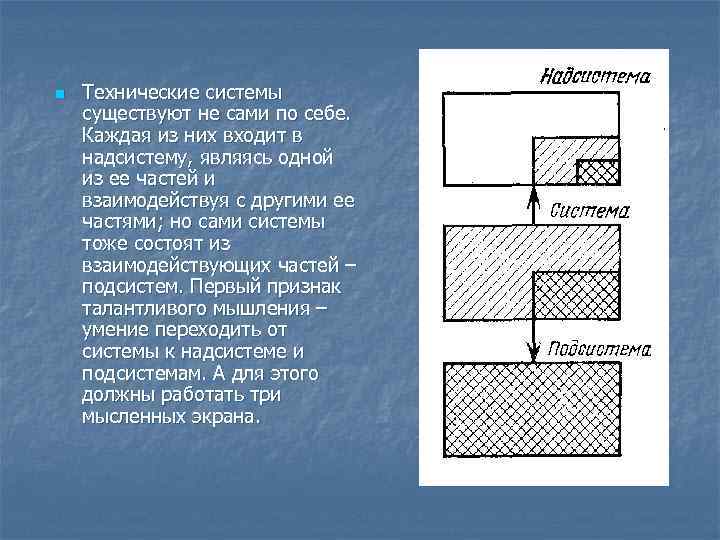 n Технические системы существуют не сами по себе. Каждая из них входит в надсистему,