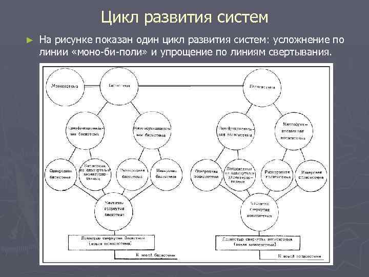 Цикл развития систем ► На рисунке показан один цикл развития систем: усложнение по линии