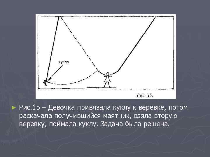 ► Рис. 15 – Девочка привязала куклу к веревке, потом раскачала получившийся маятник, взяла