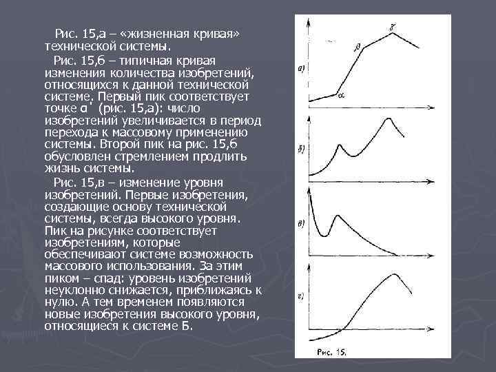 Рис. 15, а – «жизненная кривая» технической системы. Рис. 15, б – типичная кривая