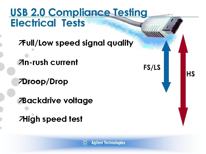 USB 2. 0 Compliance Testing Electrical Tests ä Full/Low speed signal quality ä In-rush