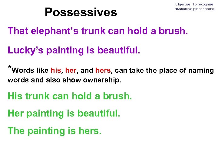 Possessives Objective: To recognize possessive proper nouns That elephant’s trunk can hold a brush.