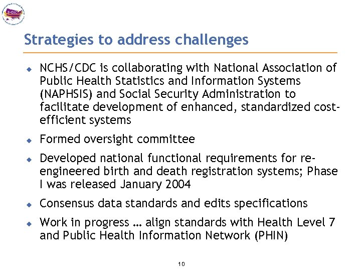 Strategies to address challenges u u u NCHS/CDC is collaborating with National Association of