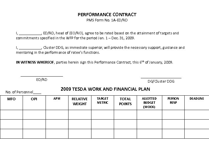 PERFORMANCE CONTRACT PMS Form No. 1 A-ED/RD I, ______, ED/RD, head of (EO/RO), agree