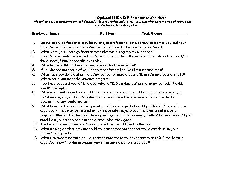 Optional TESDA Self-Assessment Worksheet This optional Self-Assessment Worksheet is designed to help you review