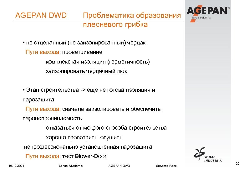 AGEPAN DWD Проблематика образования плесневого грибка • не отделанный (не заизолированный) чердак Пути выхода: