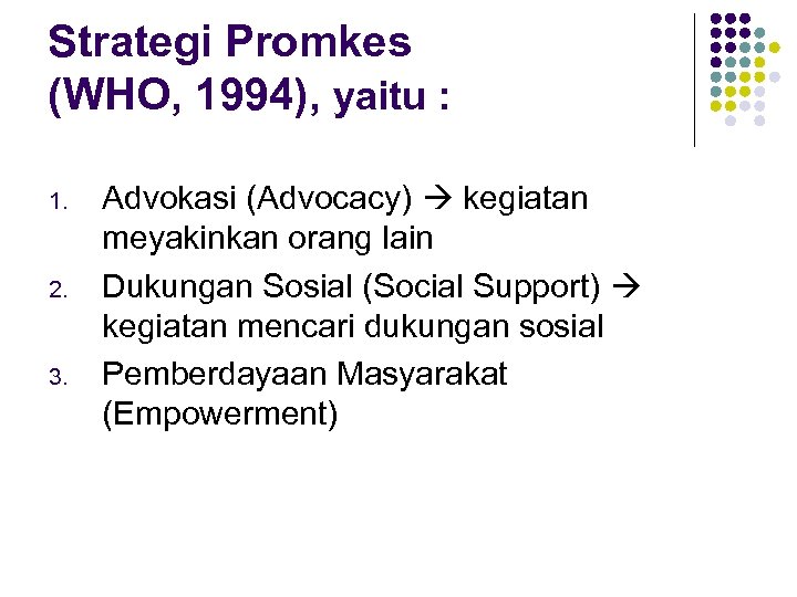 Strategi Promkes (WHO, 1994), yaitu : 1. 2. 3. Advokasi (Advocacy) kegiatan meyakinkan orang