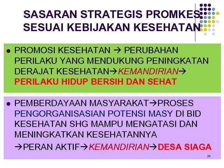 SASARAN STRATEGIS PROMKES SESUAI KEBIJAKAN KESEHATAN l PROMOSI KESEHATAN PERUBAHAN PERILAKU YANG MENDUKUNG PENINGKATAN