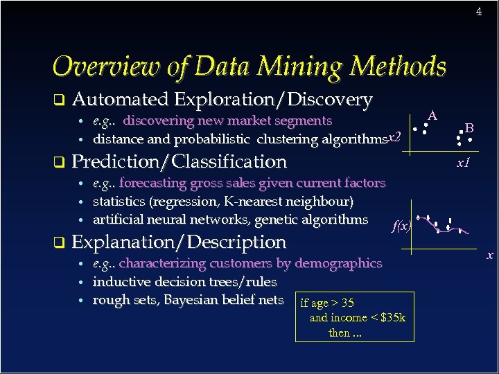 4 Overview of Data Mining Methods q Automated Exploration/Discovery • • q Prediction/Classification •
