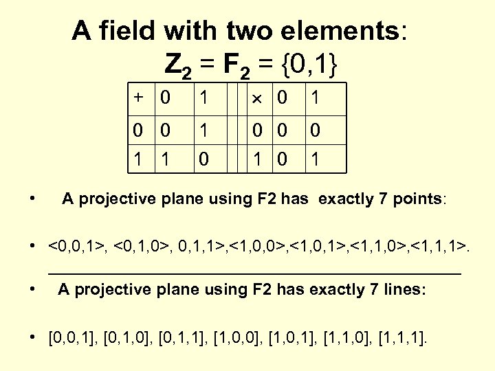 A field with two elements: Z 2 = F 2 = {0, 1} +