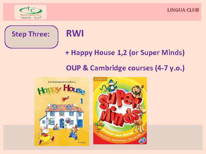 LINGUA CLUB Step Three: RWI + Happy House 1, 2 (or Super Minds) OUP