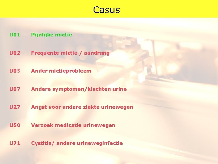 Casus U 01 Pijnlijke mictie U 02 Frequente mictie / aandrang U 05 Ander