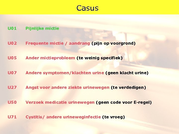 Casus U 01 Pijnlijke mictie U 02 Frequente mictie / aandrang (pijn op voorgrond)