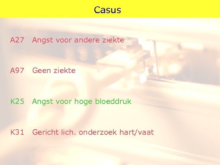 Casus A 27 Angst voor andere ziekte A 97 Geen ziekte K 25 Angst
