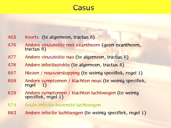 Casus A 03 Koorts (te algemeen, tractus R) A 76 Andere virusziekte met exantheem