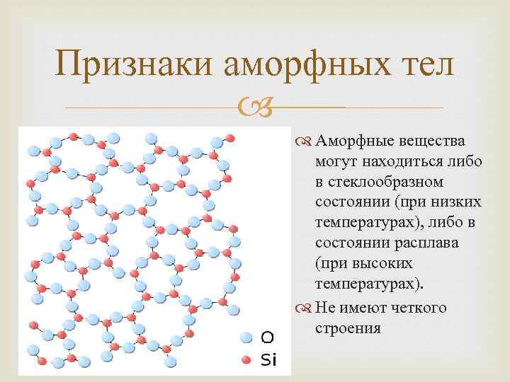 Признаки аморфных тел Аморфные вещества могут находиться либо в стеклообразном состоянии (при низких температурах),